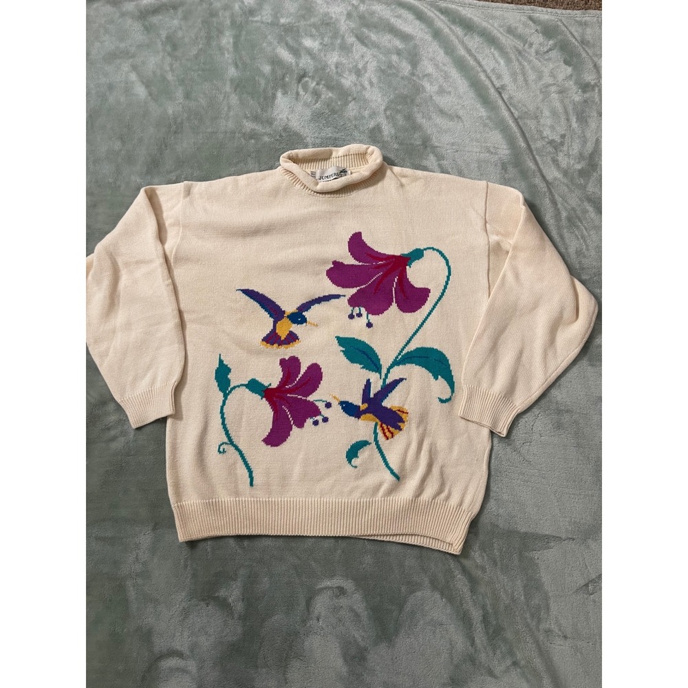 Jumpers Ivory Hummingbird Floral Knit Sweater Crewneck Women's Large